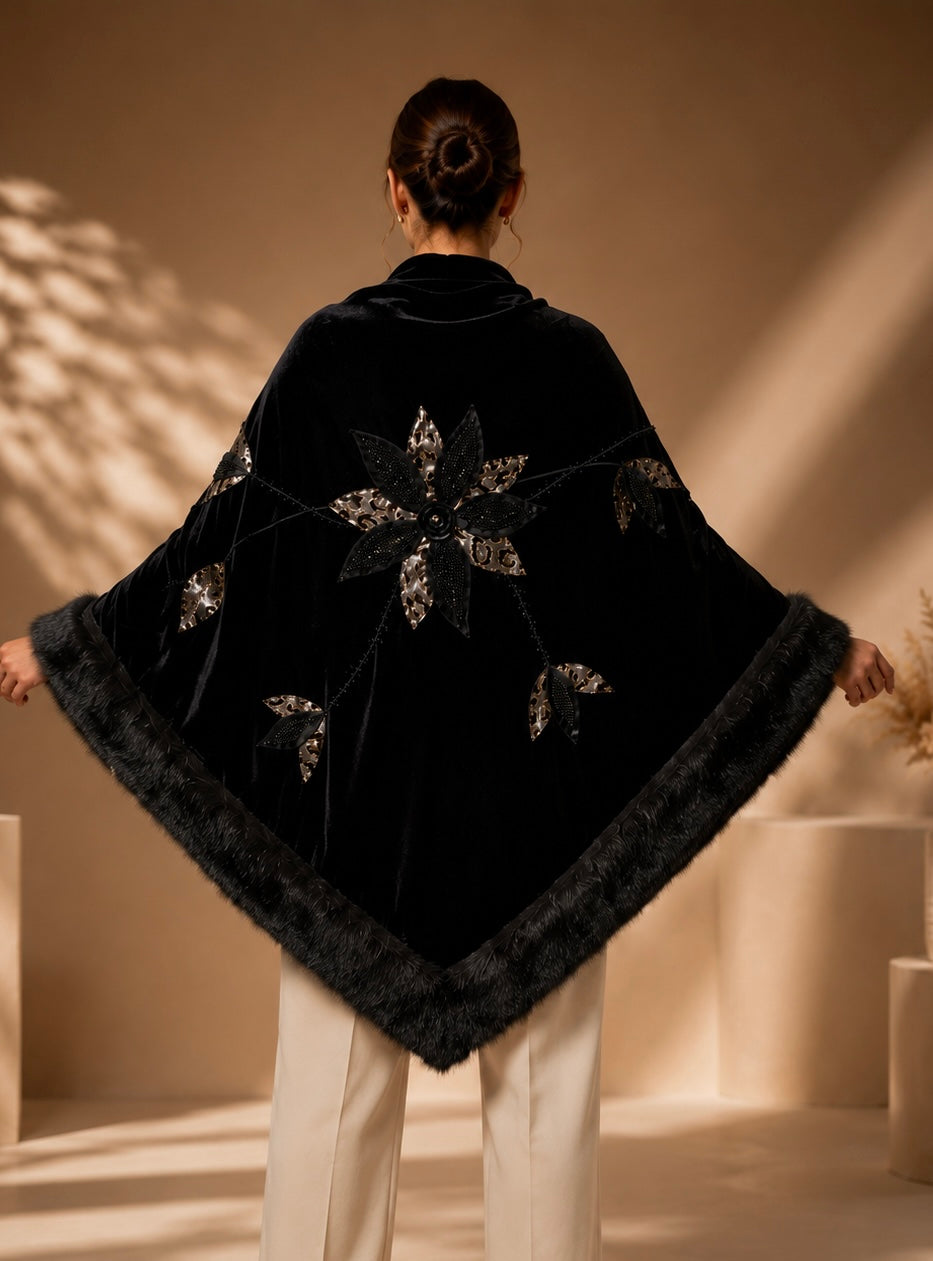 Faux Fur and Velvet Shawl with Aplique