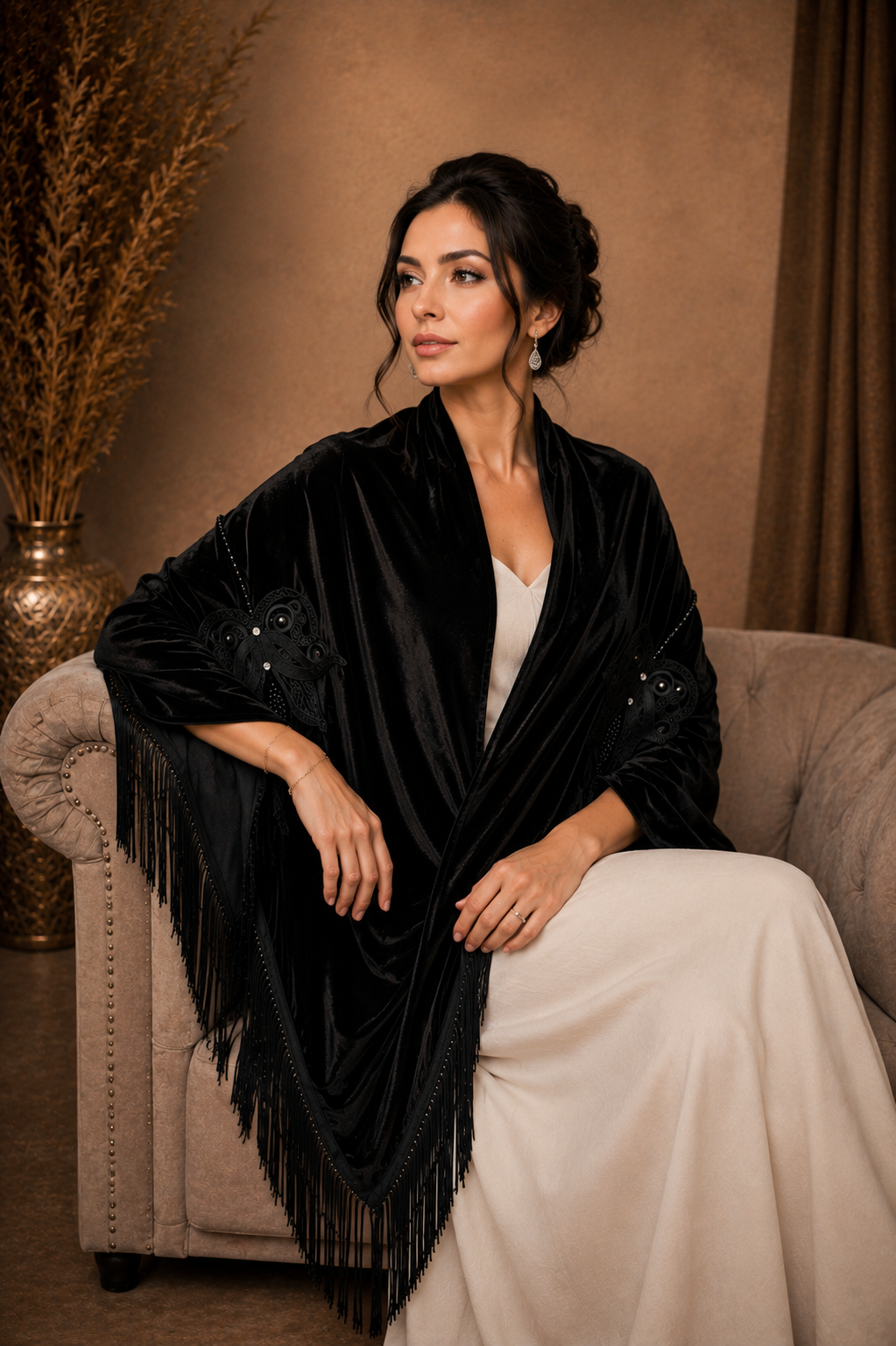 Black Women Shawl with Floral Embroidery