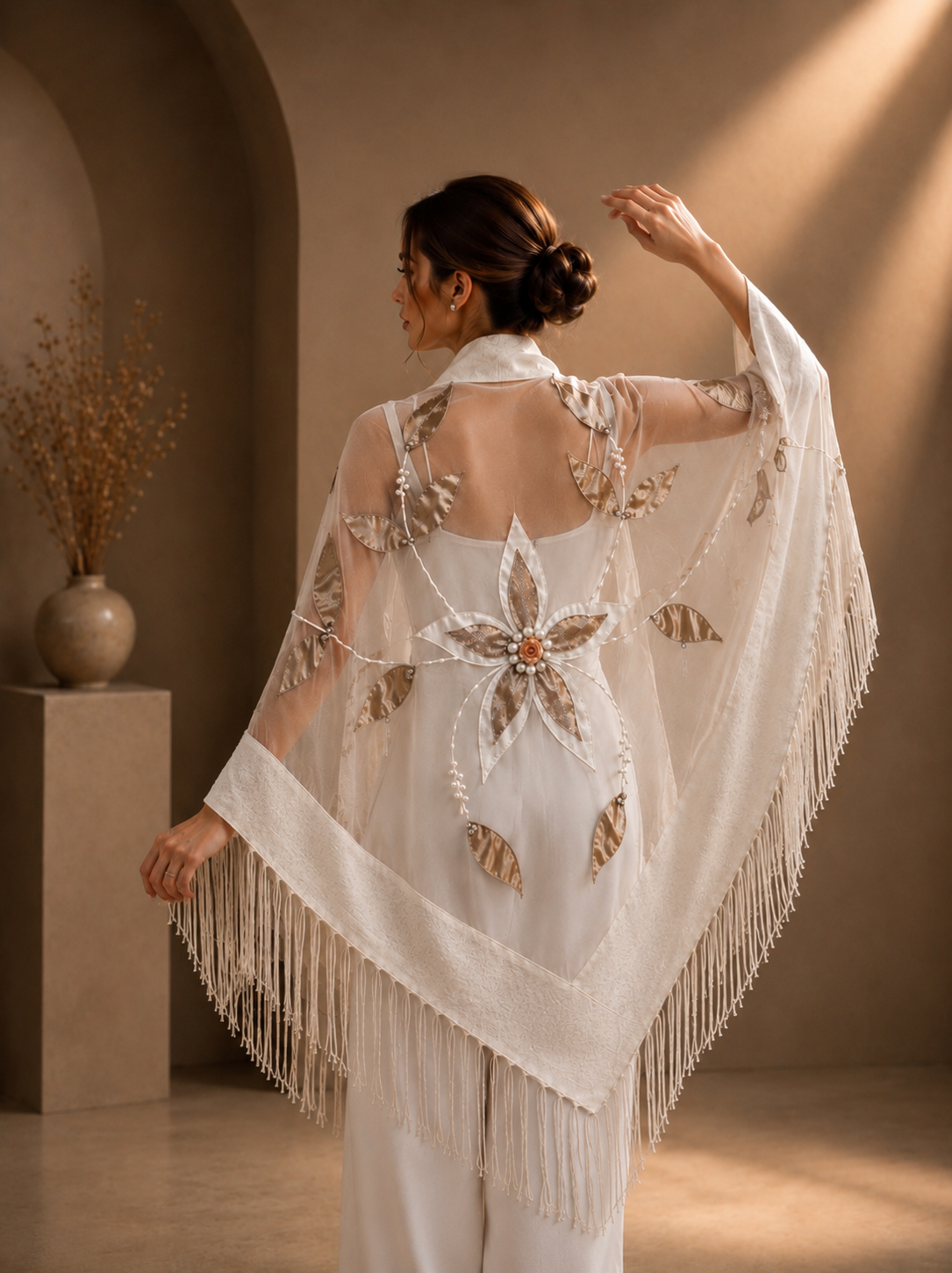 White Bridal Folaral Aplique Knit and Tulle Shawl