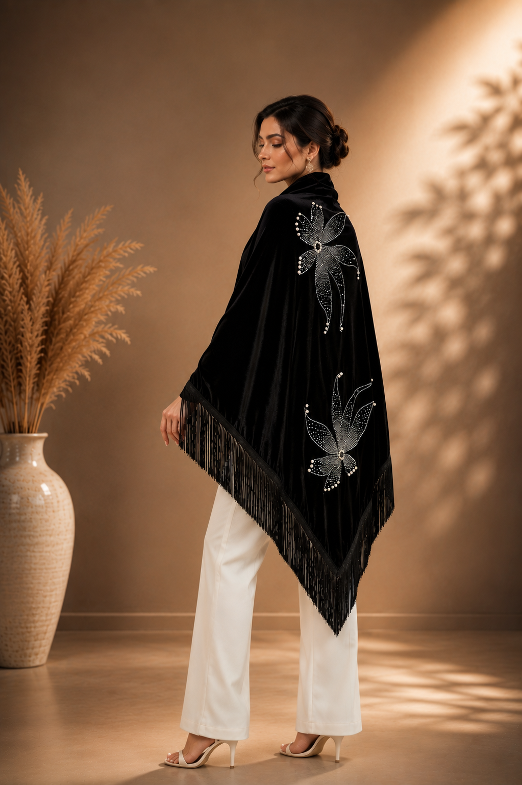 Velvet Shawl with Crystal Flower Stones