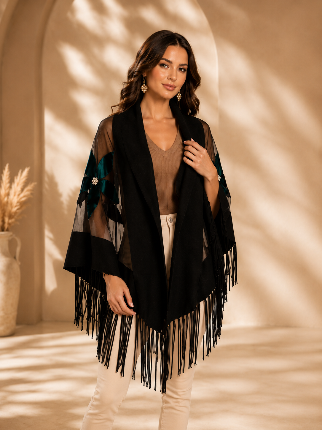 Colorful Velvet Flowers Knit and Tulle Shawl