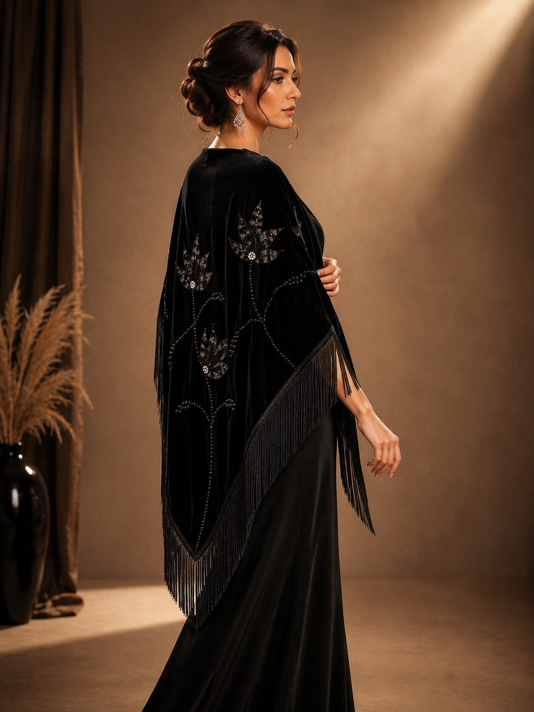 Handmade Embellisment and Flower Aplique Velvet Black Shawl