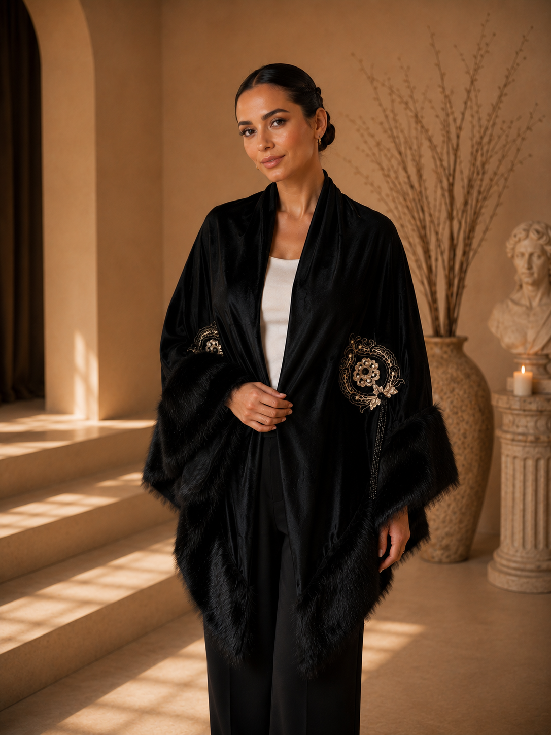 Embroidery Velvet Faux Fur Shawl