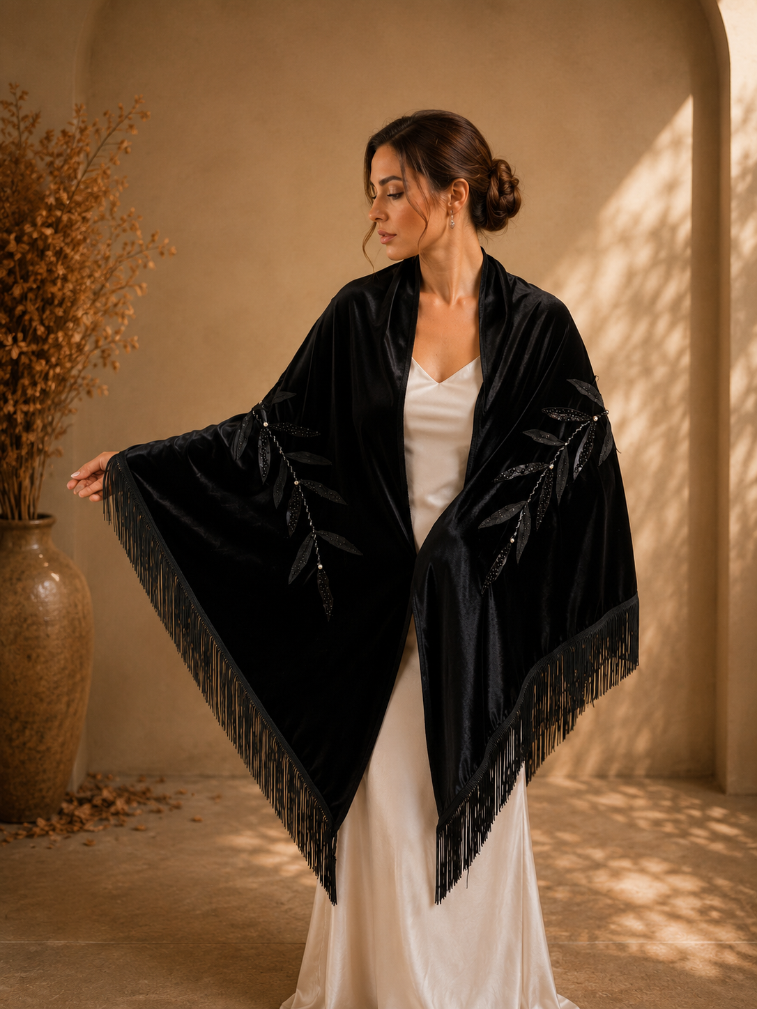 Black Velvet Shawl with Floral Applique
