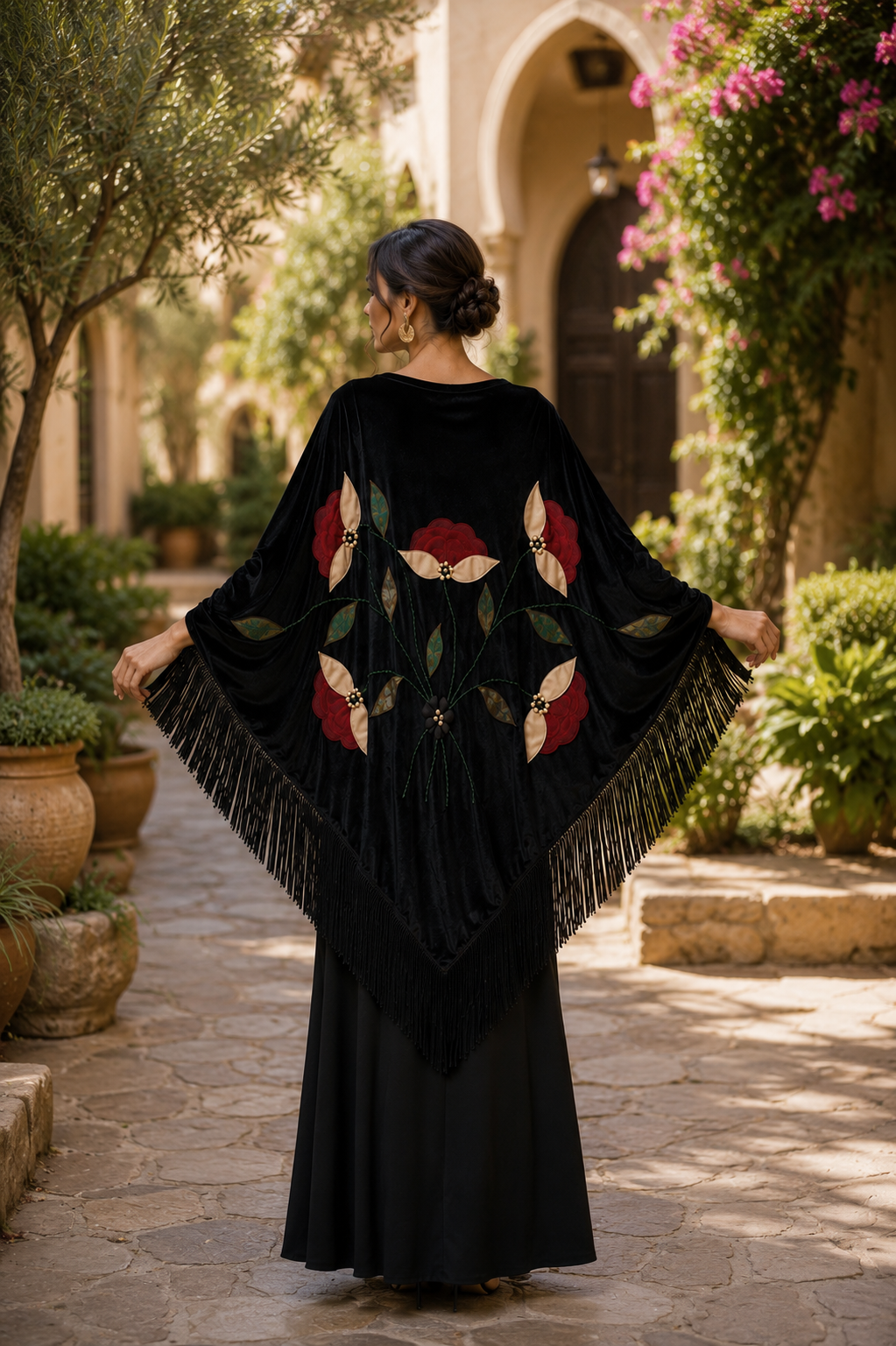 Handmade Embellisment Red Flower Aplique Velvet Black Shawl