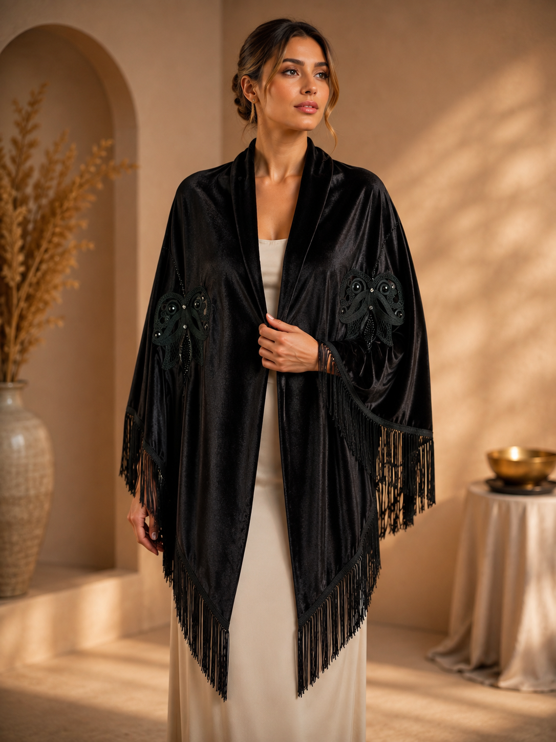 Black Embroidery Velvet Shawl with Pearl