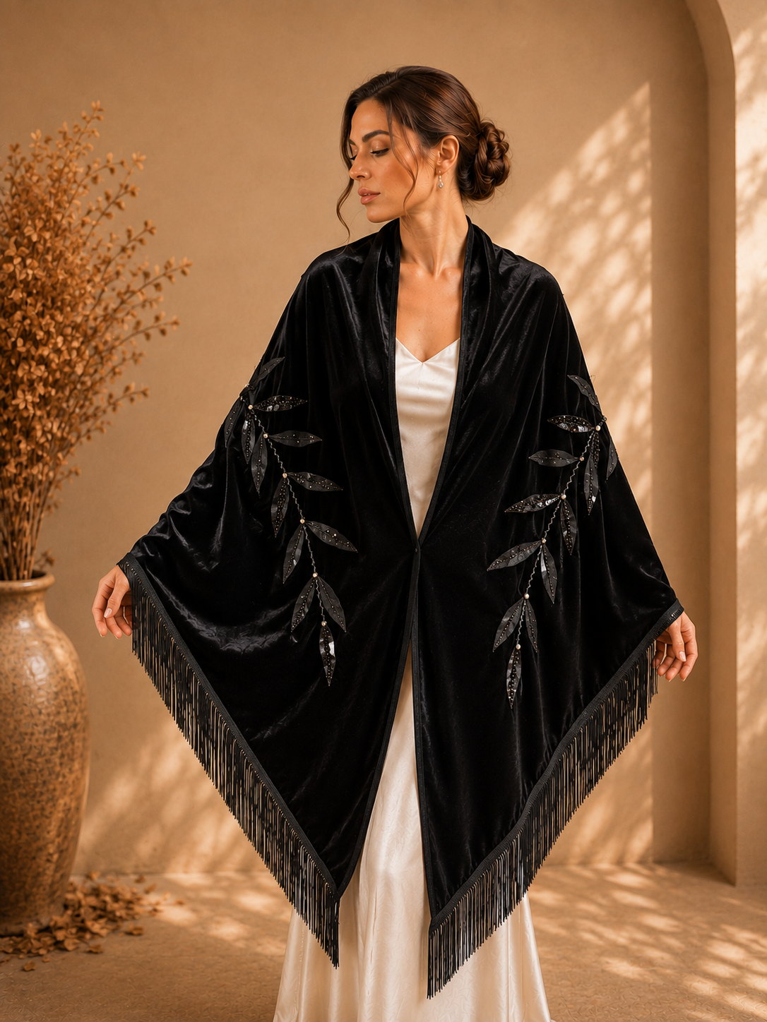 Black Velvet Shawl with Floral Applique