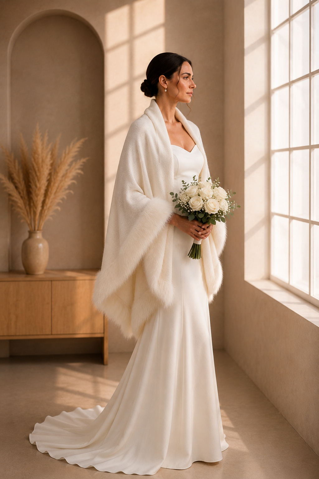 White Plain Wedding Knit Shawl with Faux Fur