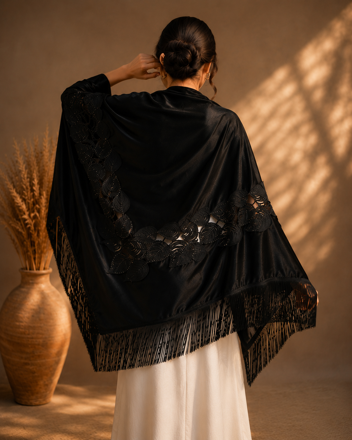 Black Embroidery Velvet Shawl with Fringe