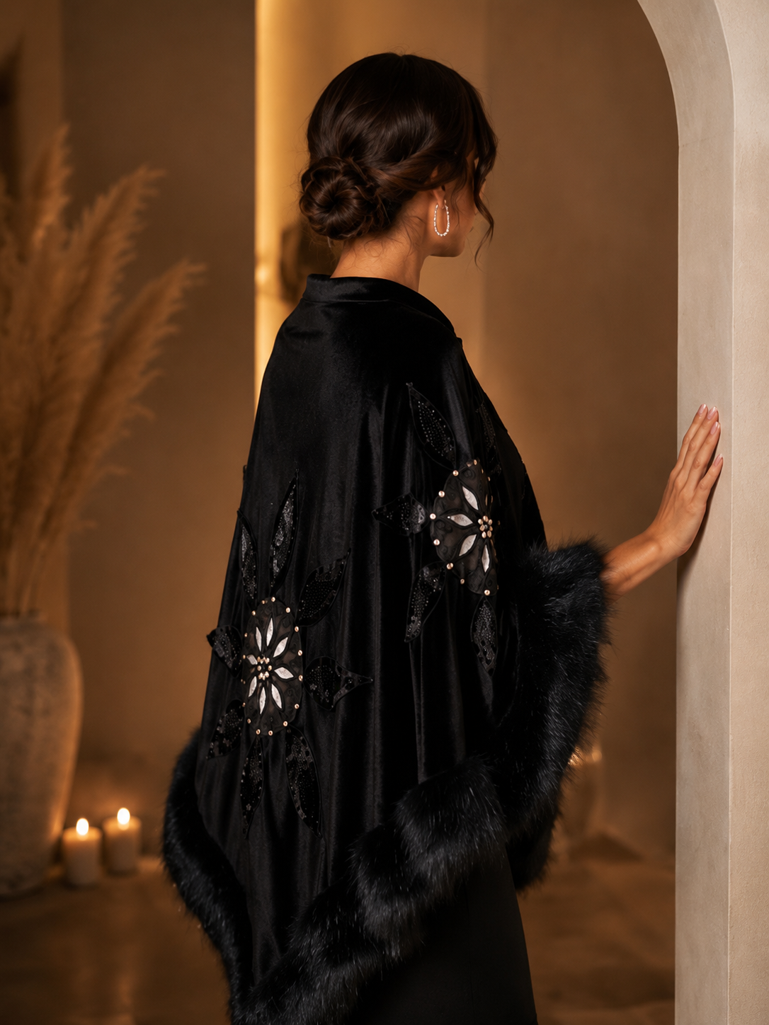 Black Velvet Shawl with Silver Embroidery and Faux Fur
