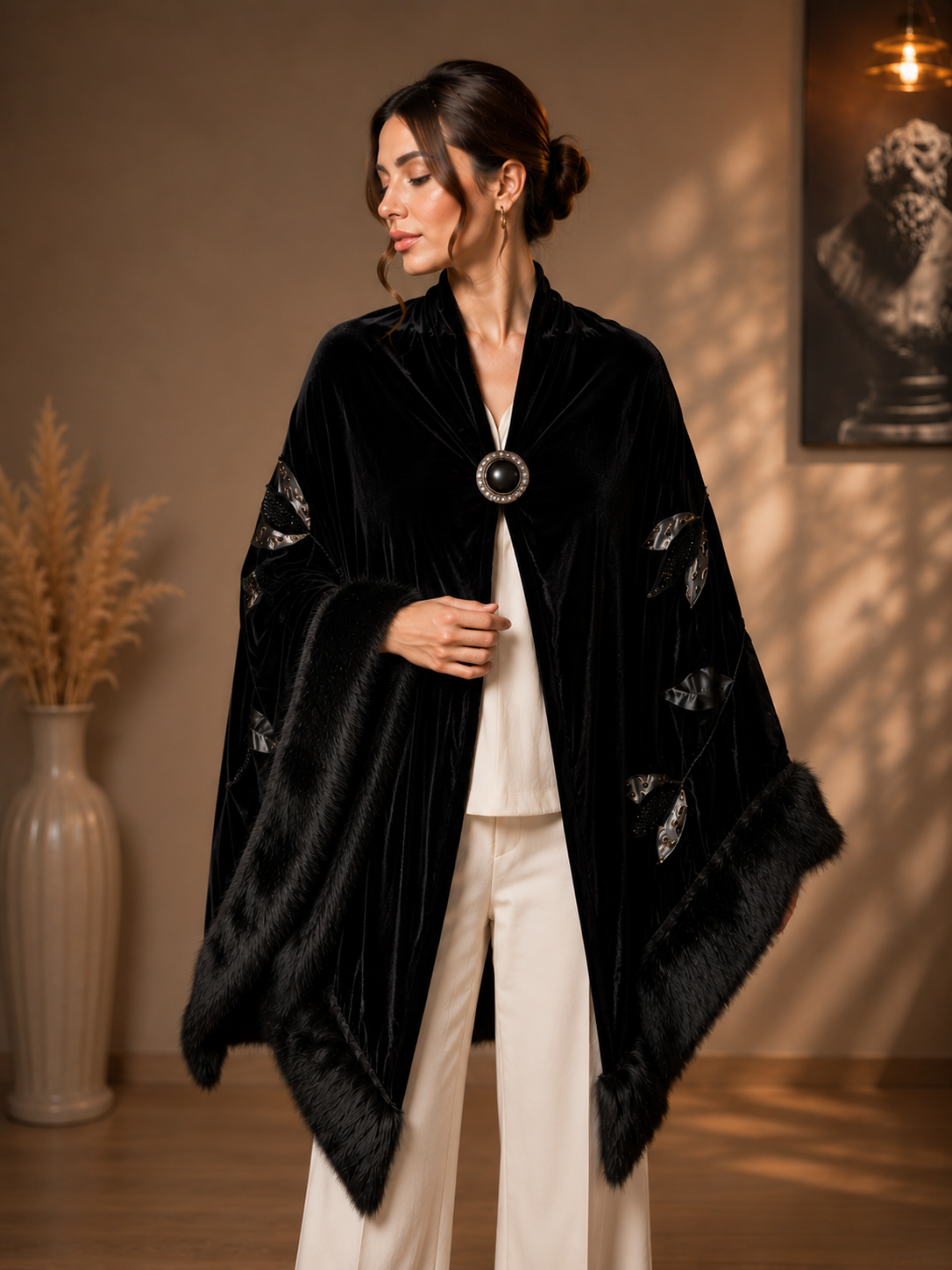 Faux Fur and Velvet Shawl with Aplique