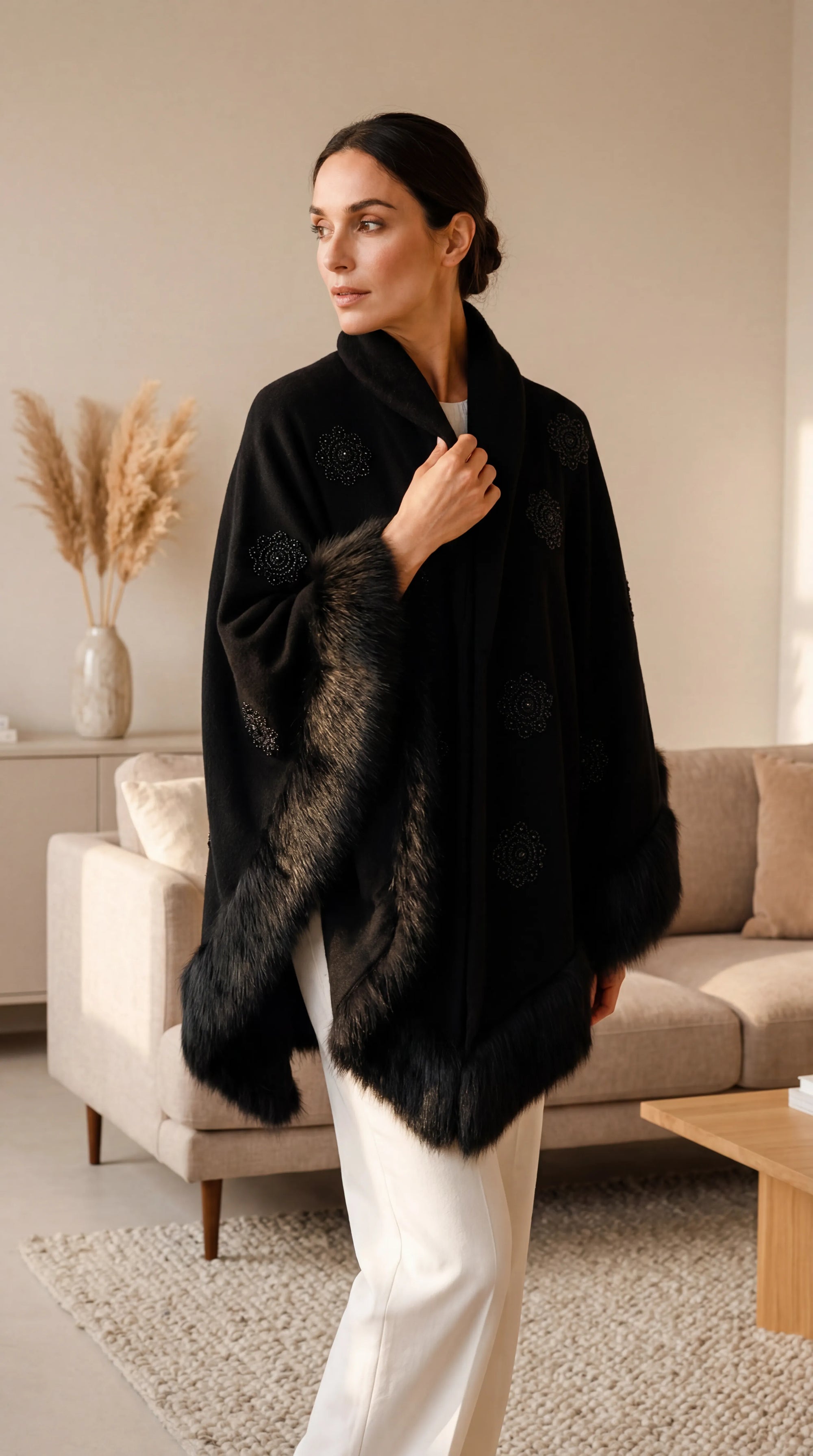 Knit Shawl, Faux Fur Trim Embroidery and Pearl Detailed