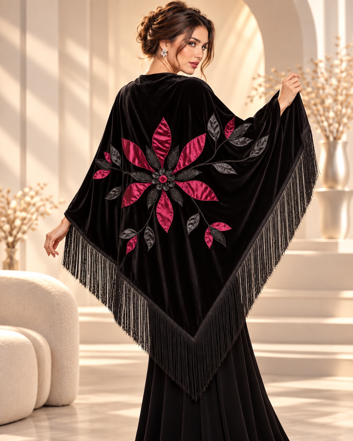 Black Velvet Shawl with Red Flower Aplique
