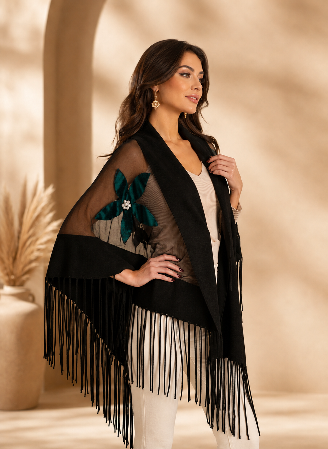 Colorful Velvet Flowers Knit and Tulle Shawl