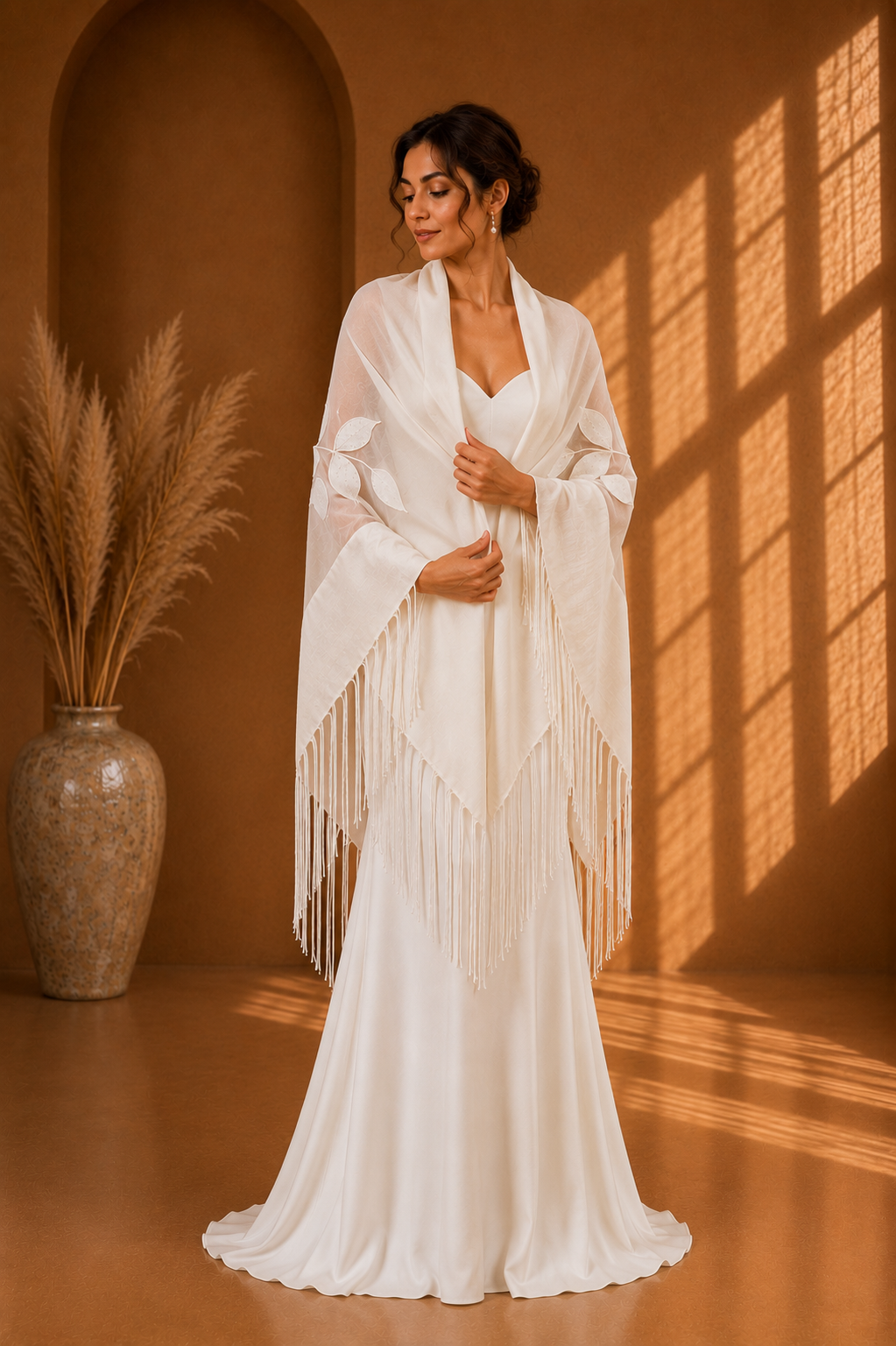 White Bridal Knit and Tulle Shawl