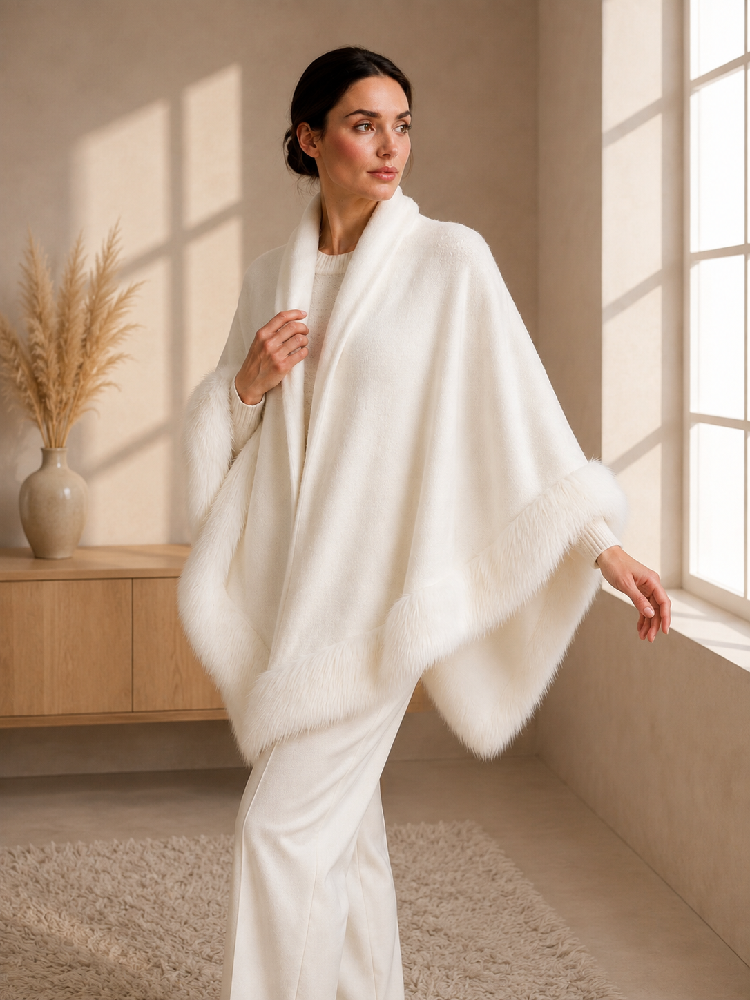 White Plain Wedding Knit Shawl with Faux Fur