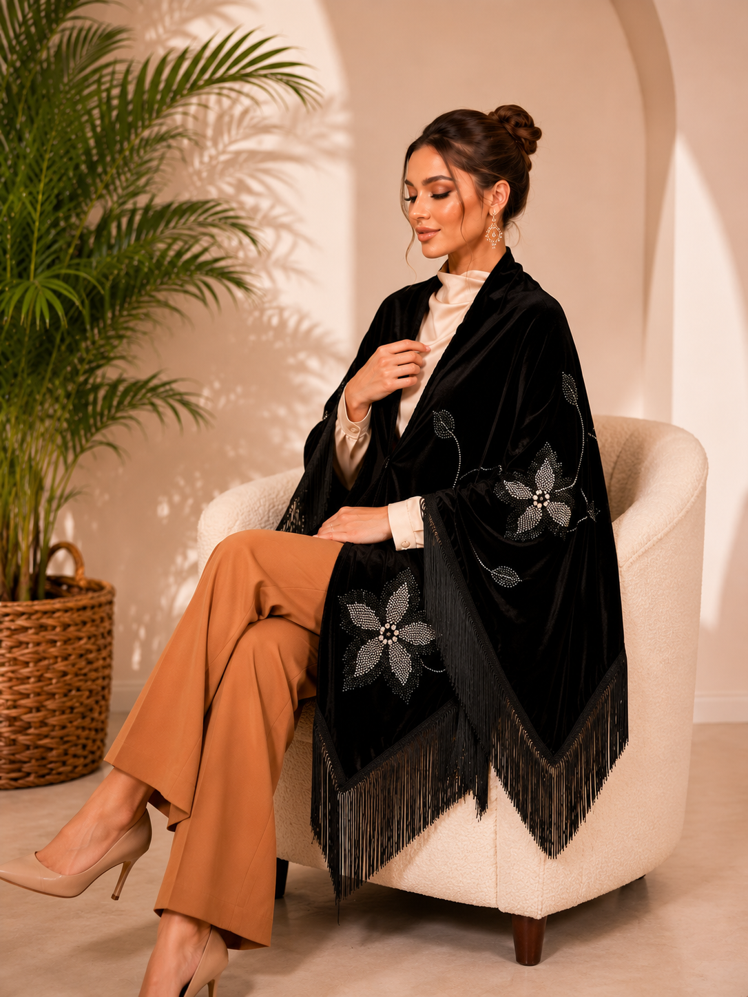 Velvet Shawl with Crystal Flower Embellishments