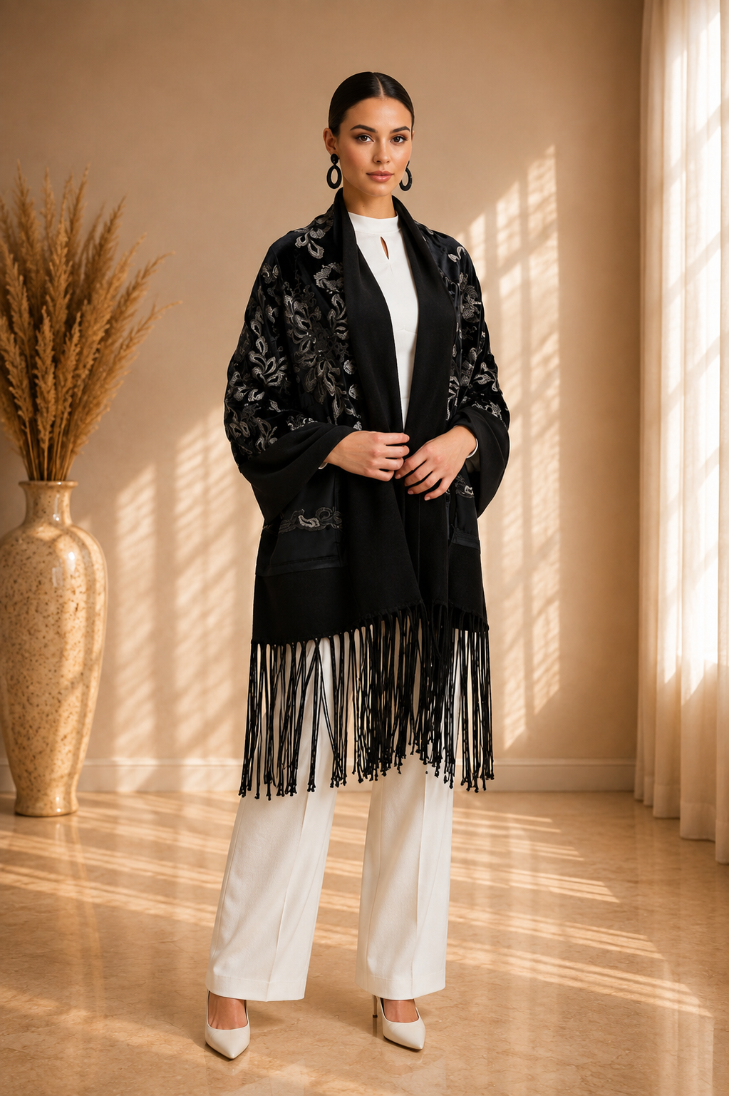 Embroidered Floral and Sequins Velvet Shawl with Wool Border