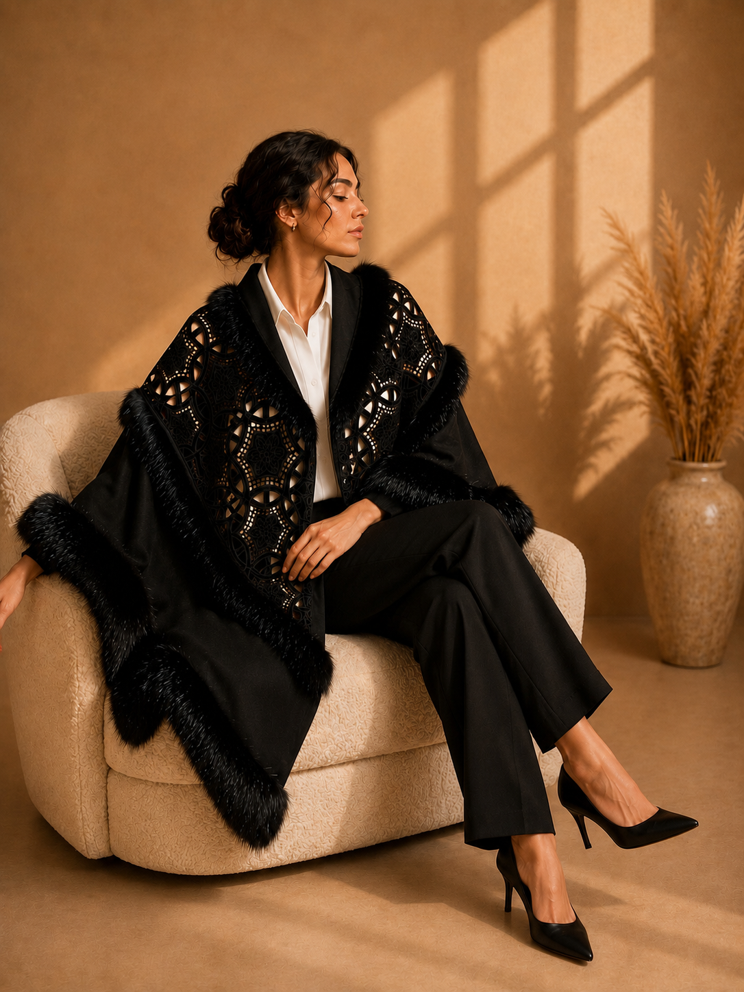 Black Embroidery Knit Shawl with Faux Fur