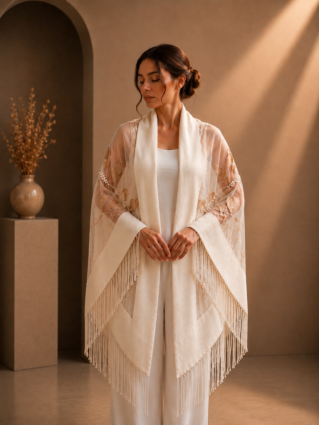 White Bridal Folaral Aplique Knit and Tulle Shawl