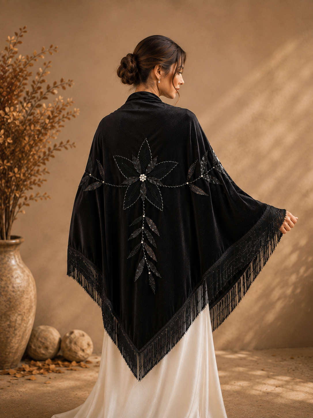 Black Velvet Shawl with Floral Applique