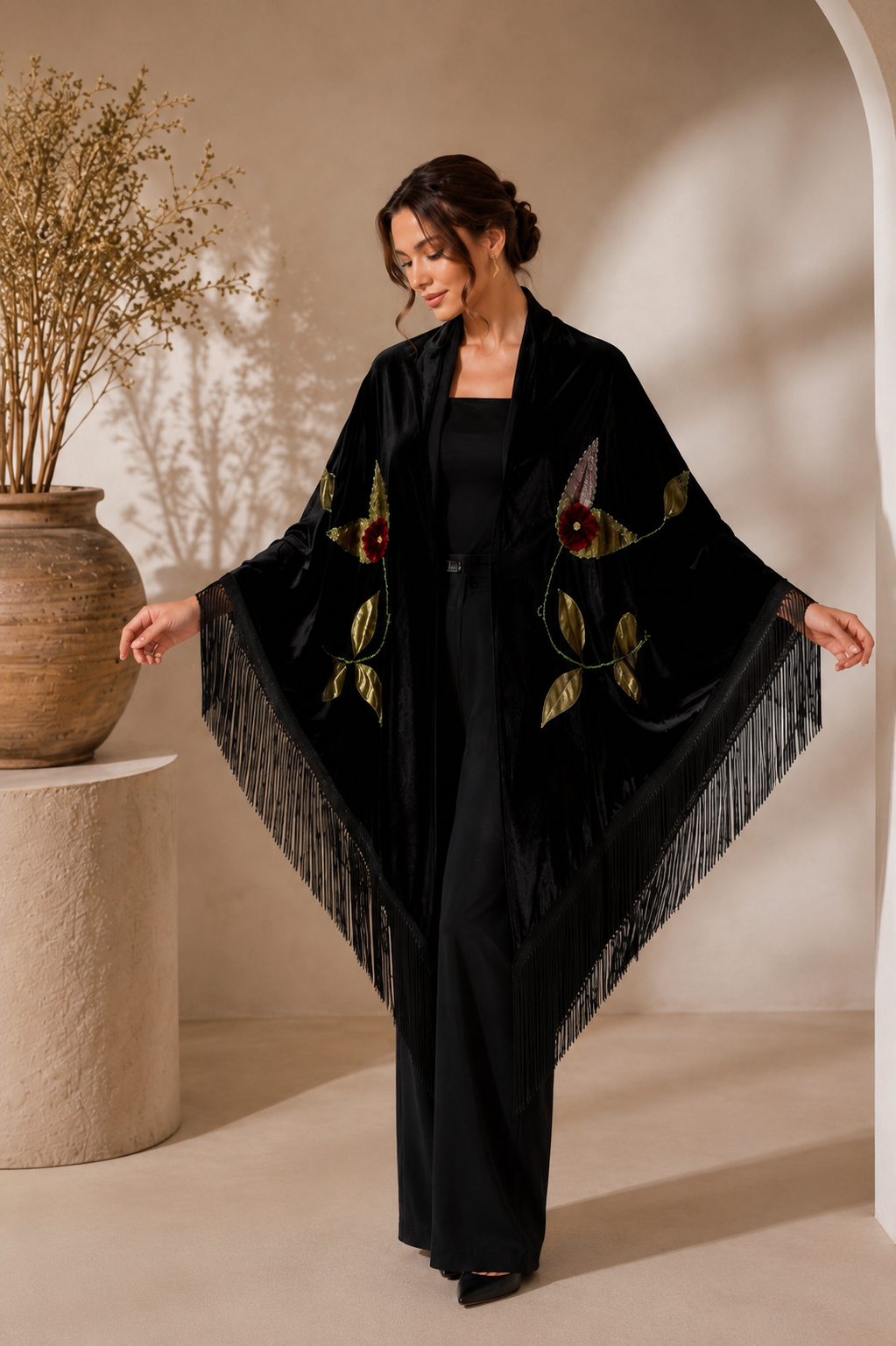 Handmade Embellisment Flower Aplique Velvet Black Shawl