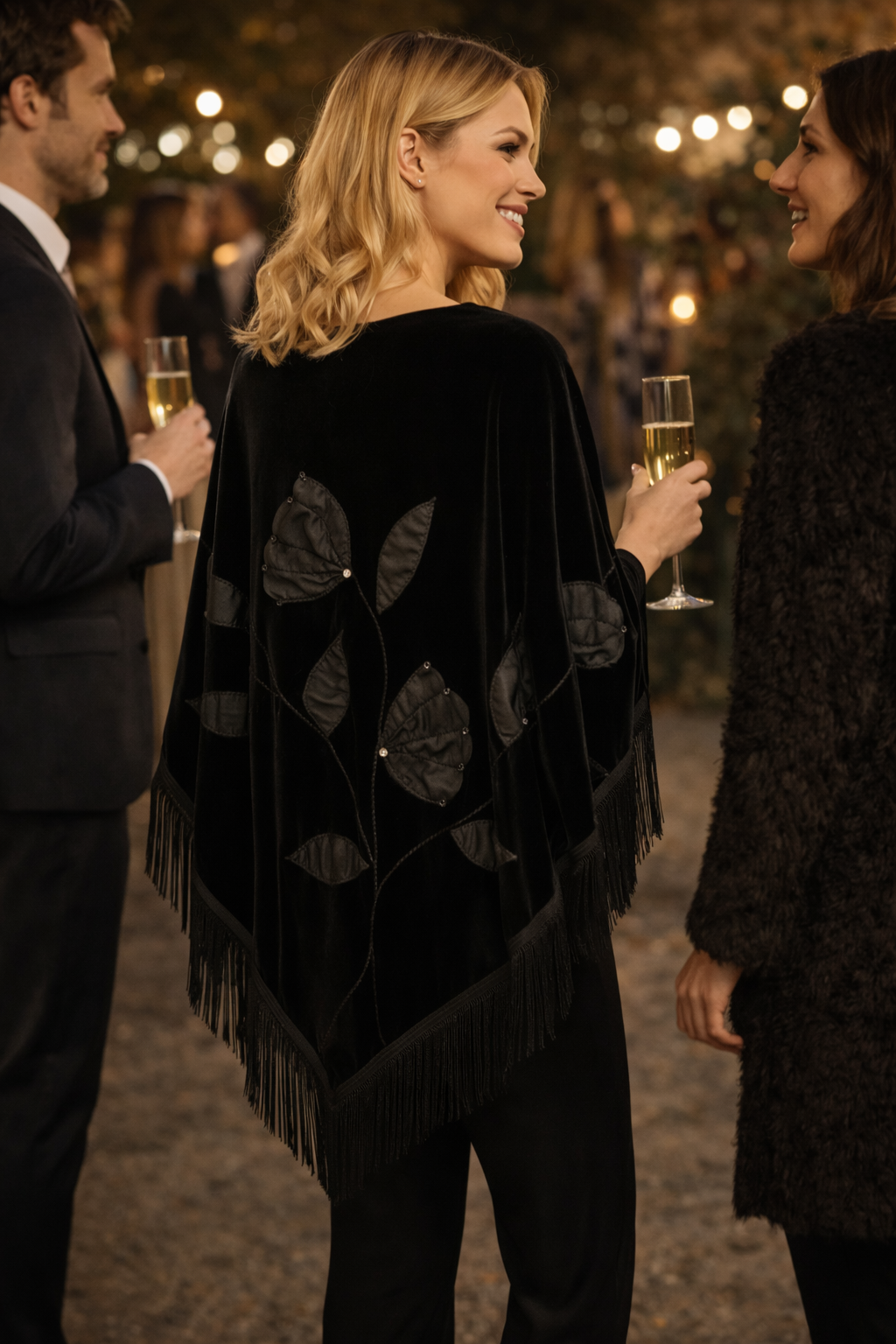 Handmade Embellisment and Flower Aplique Velvet Black Shawl