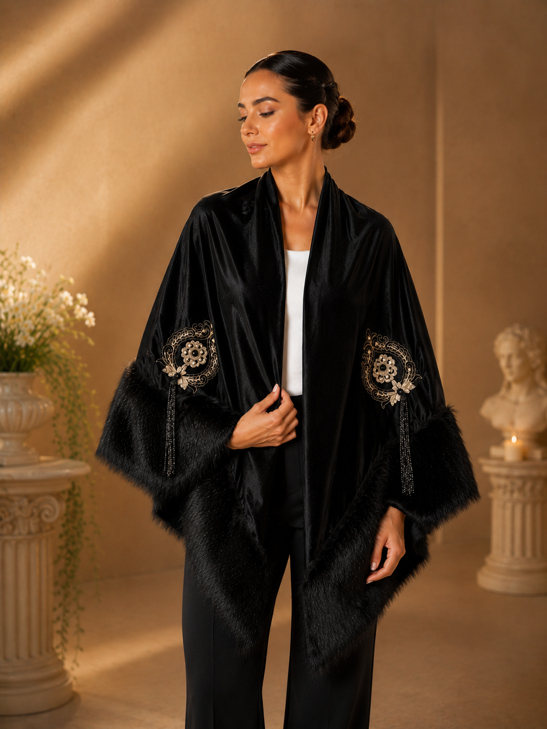 Embroidery Velvet Faux Fur Shawl