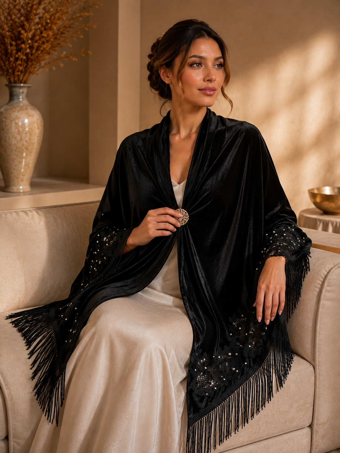 Black Embroidery Velvet Shawl with Pearl