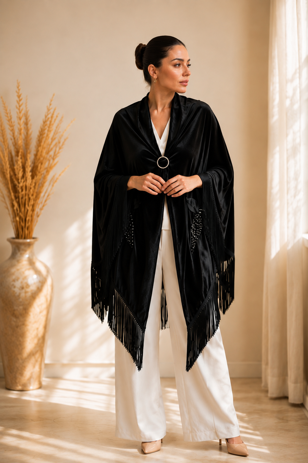 Velvet Black Shawl with Beaded Embellisment