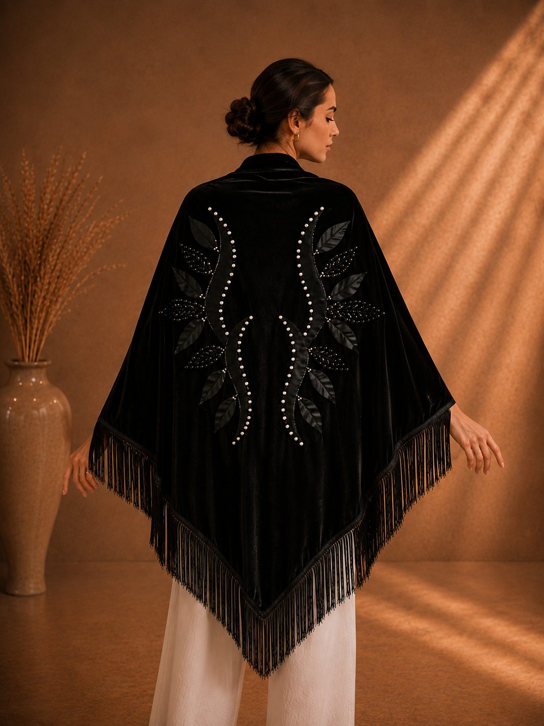Velvet Black Shawl with Beaded Embellisment