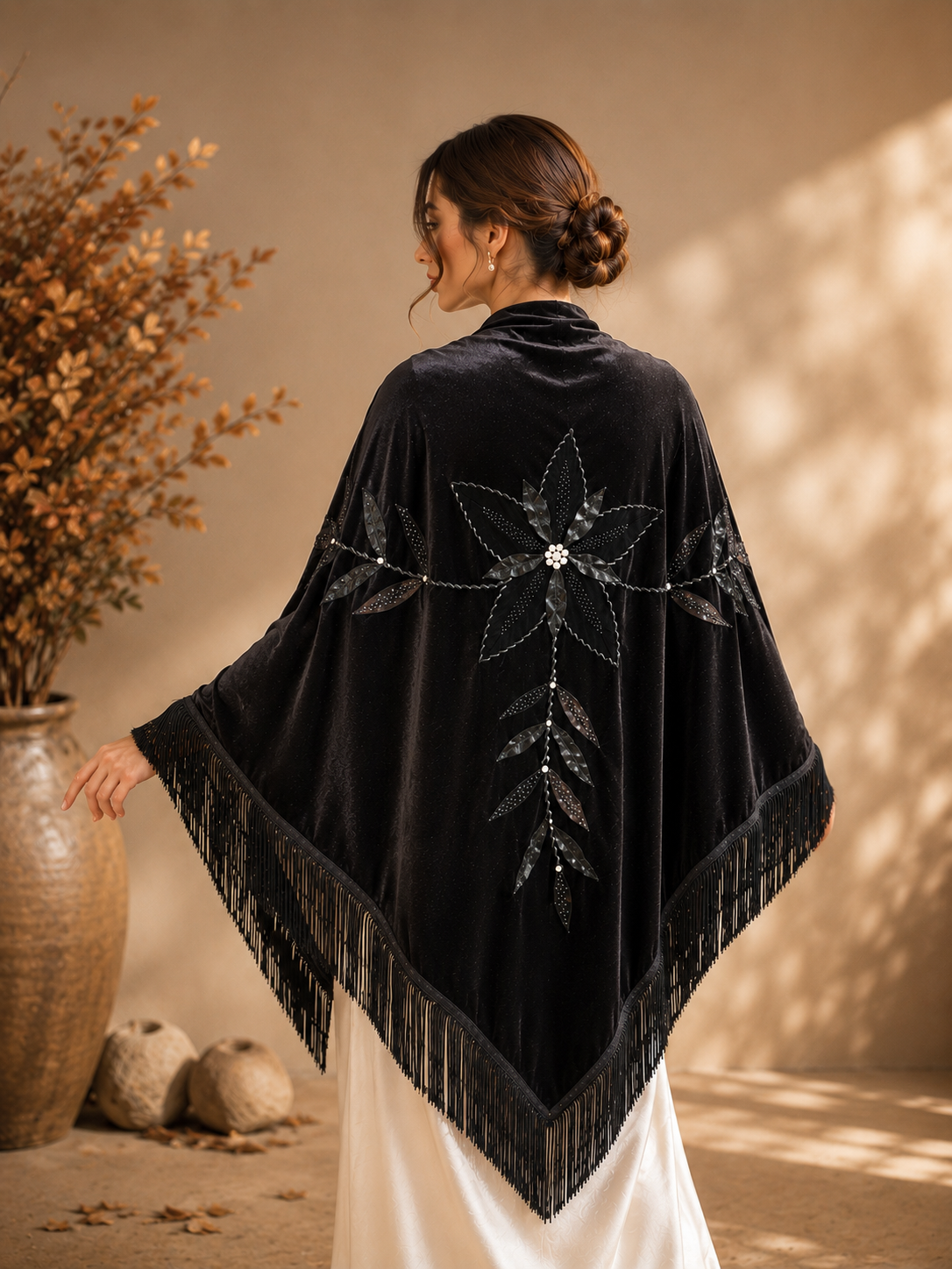 Black Velvet Shawl with Floral Applique