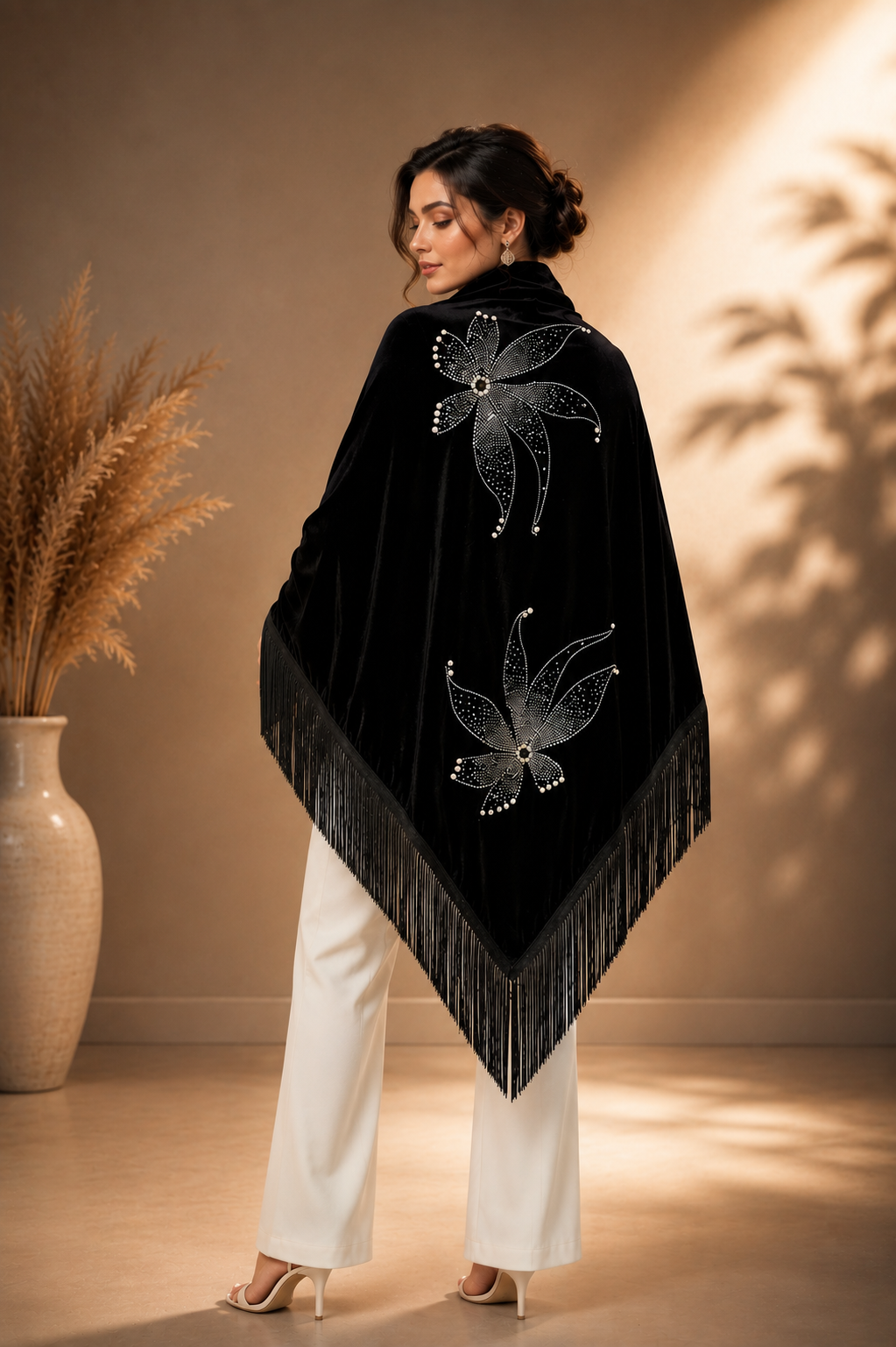 Velvet Shawl with Crystal Flower Stones