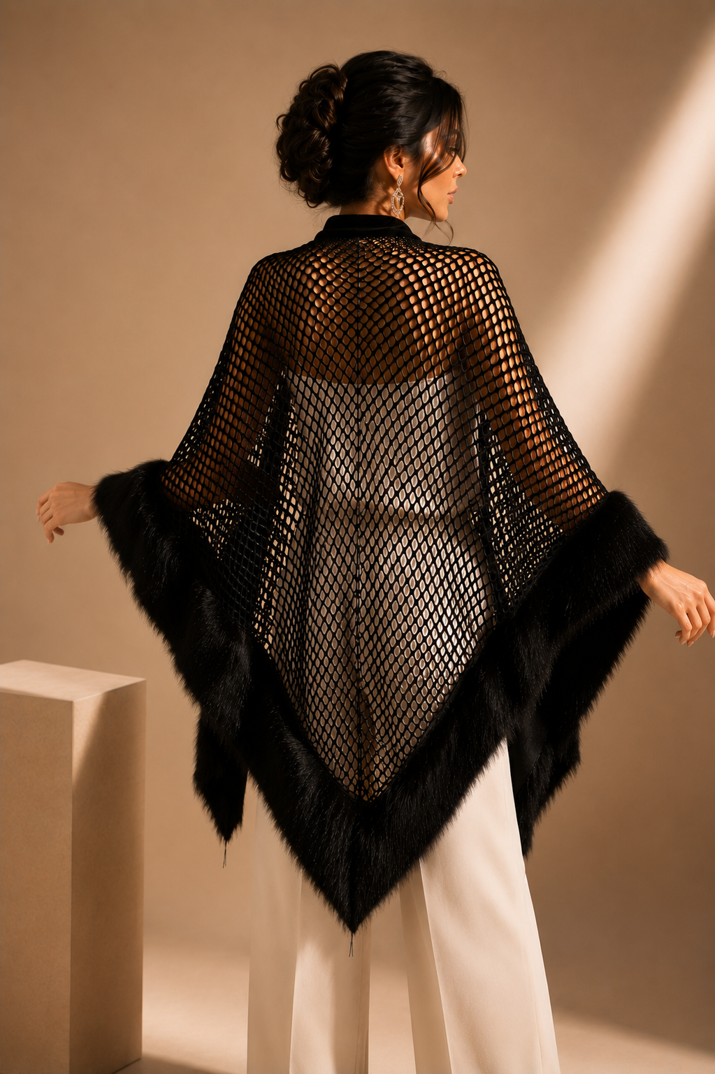 Black Mesh and Faux Fur Shawl