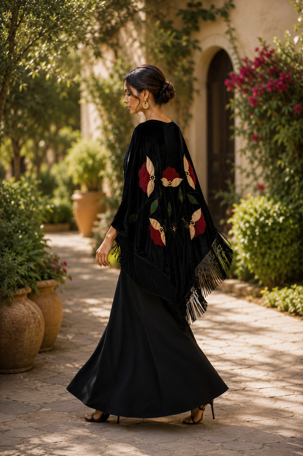 Handmade Embellisment Red Flower Aplique Velvet Black Shawl