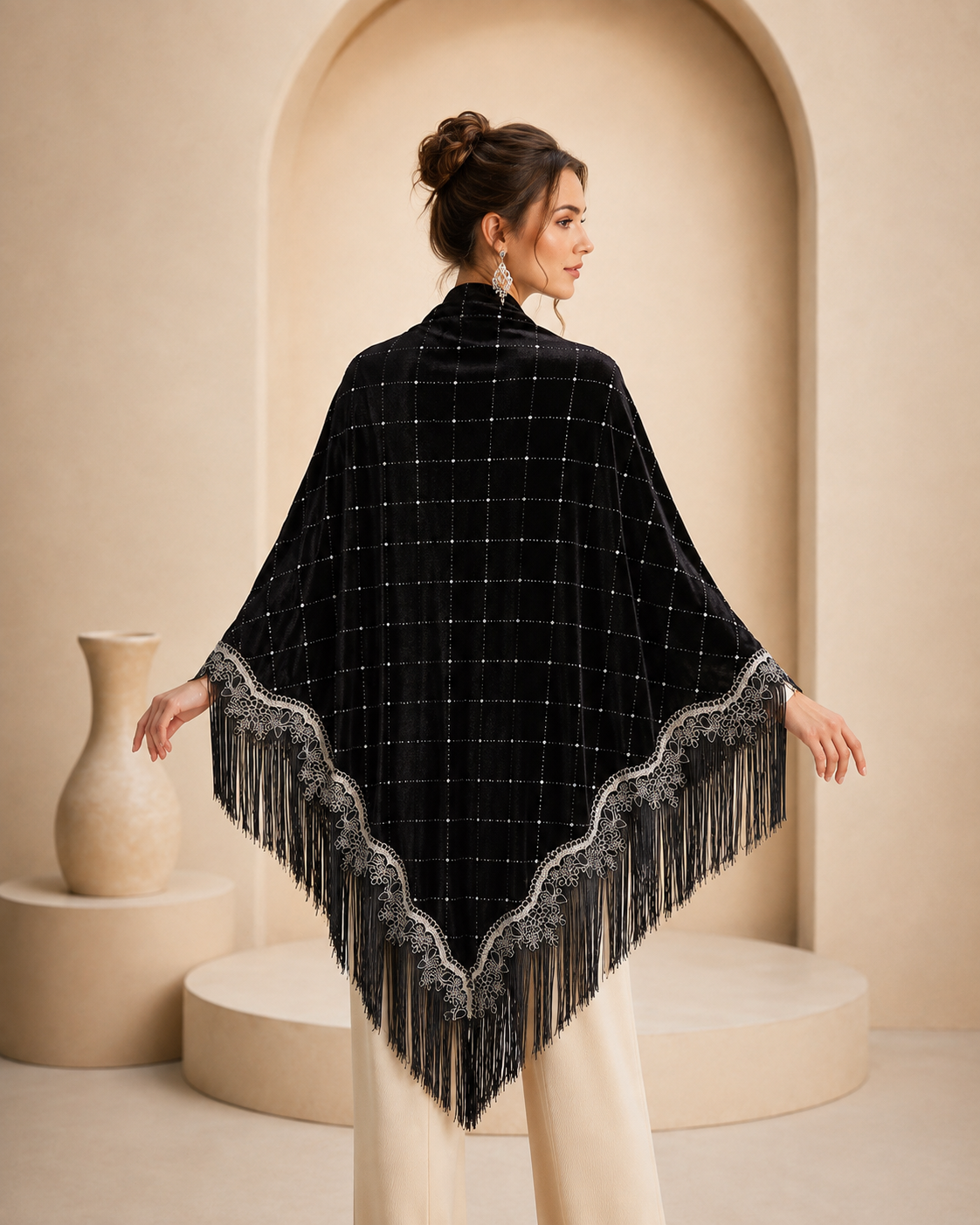 Silver Embroidery and Fringe Velvet Shawl