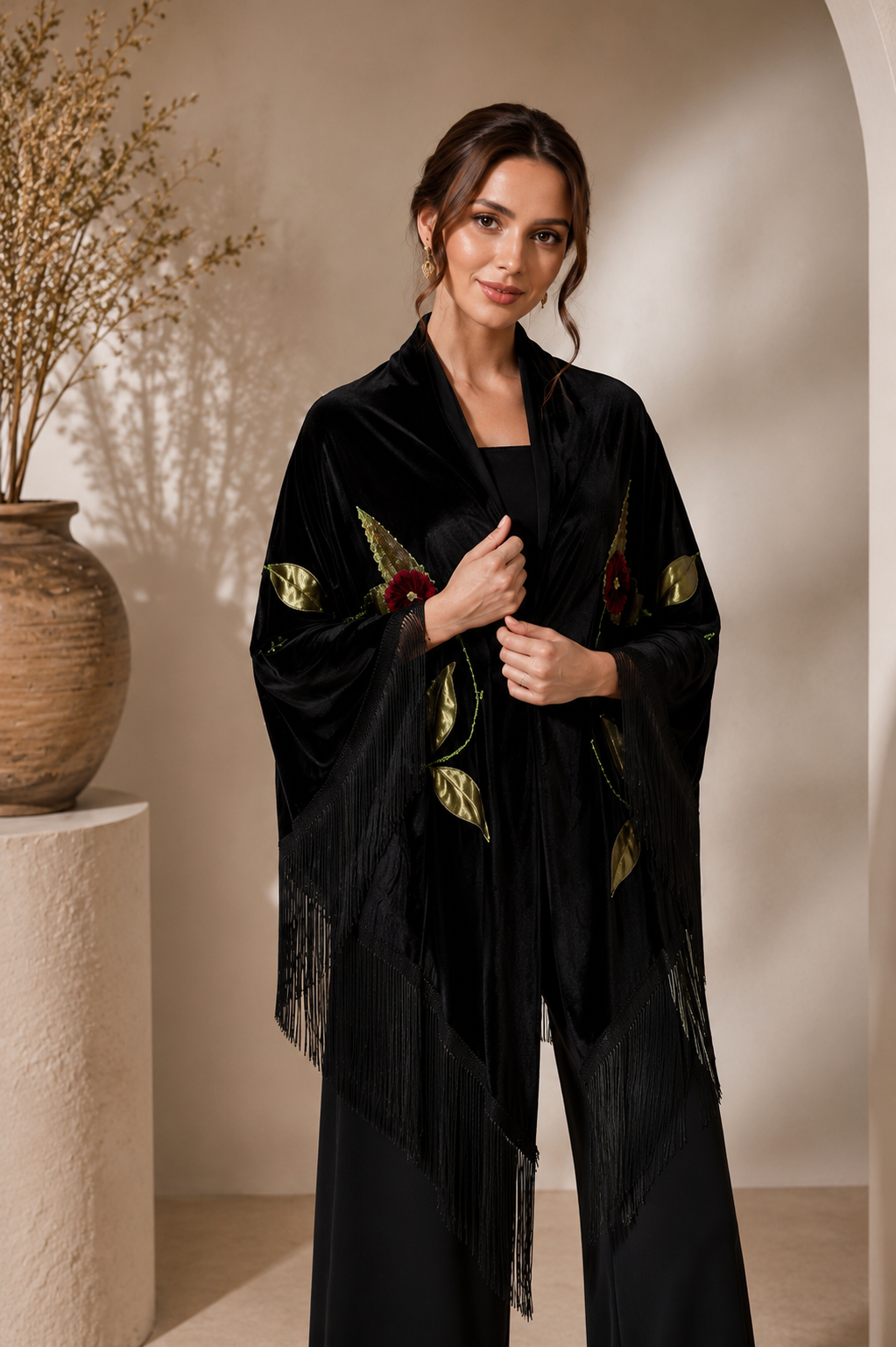 Handmade Embellisment Flower Aplique Velvet Black Shawl