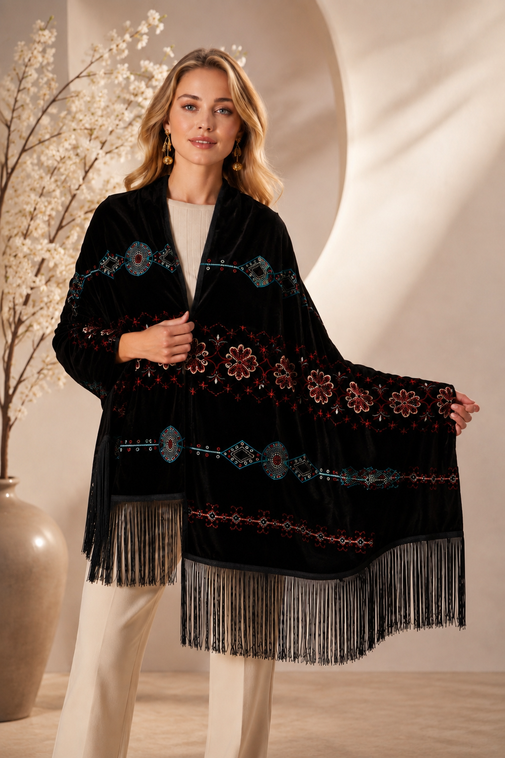 Ethnic Embroidery Black Velvet Shawl
