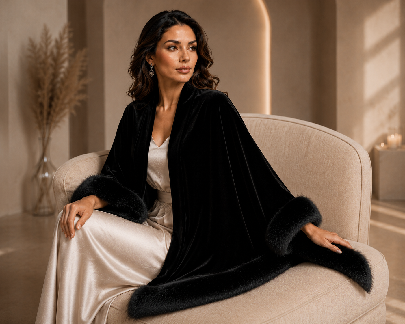 Black Velvet Plain Shawl with Fur Trim