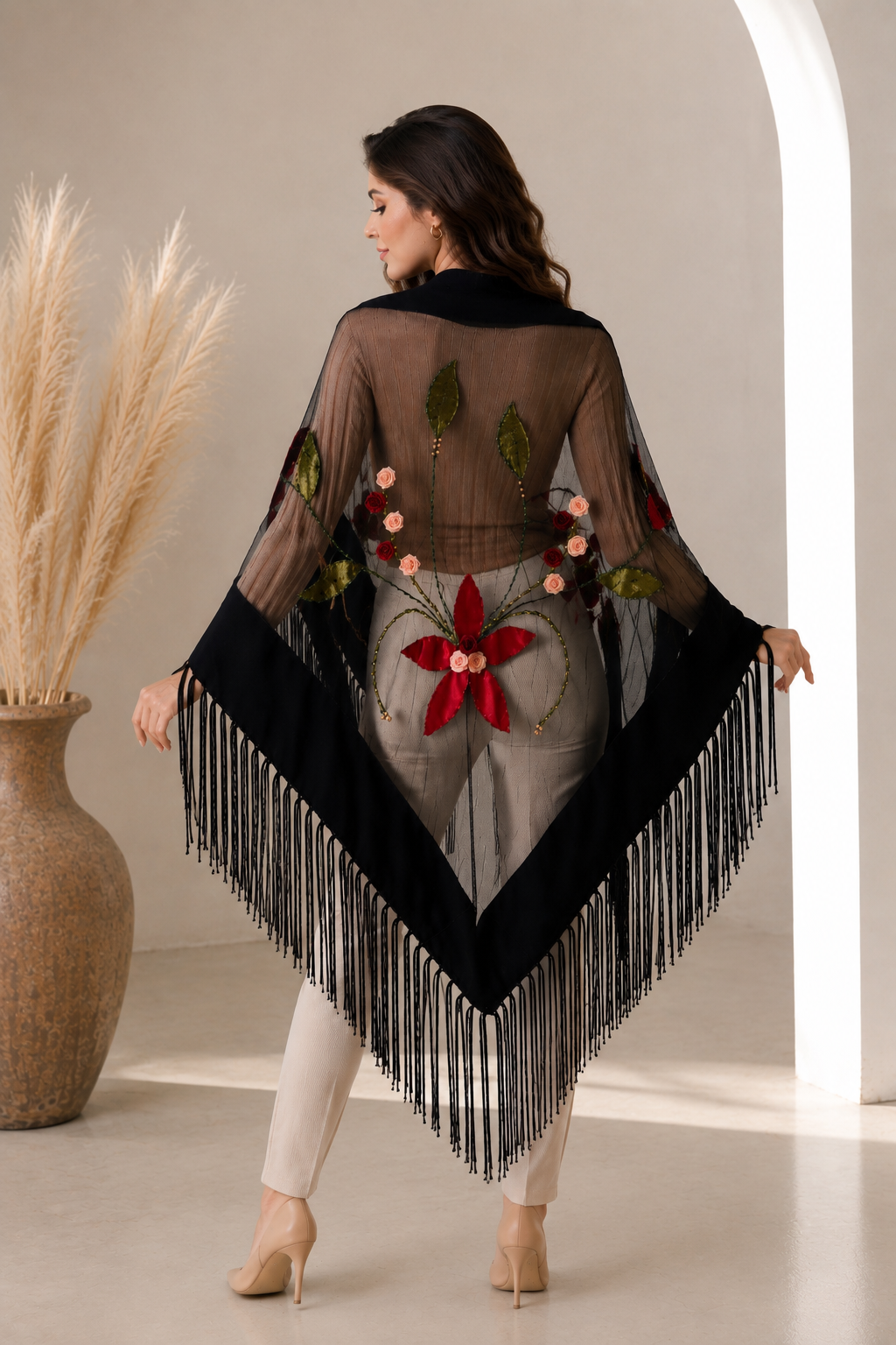 Handmade Stones Colorful Evening Knit and Tulle Shawl