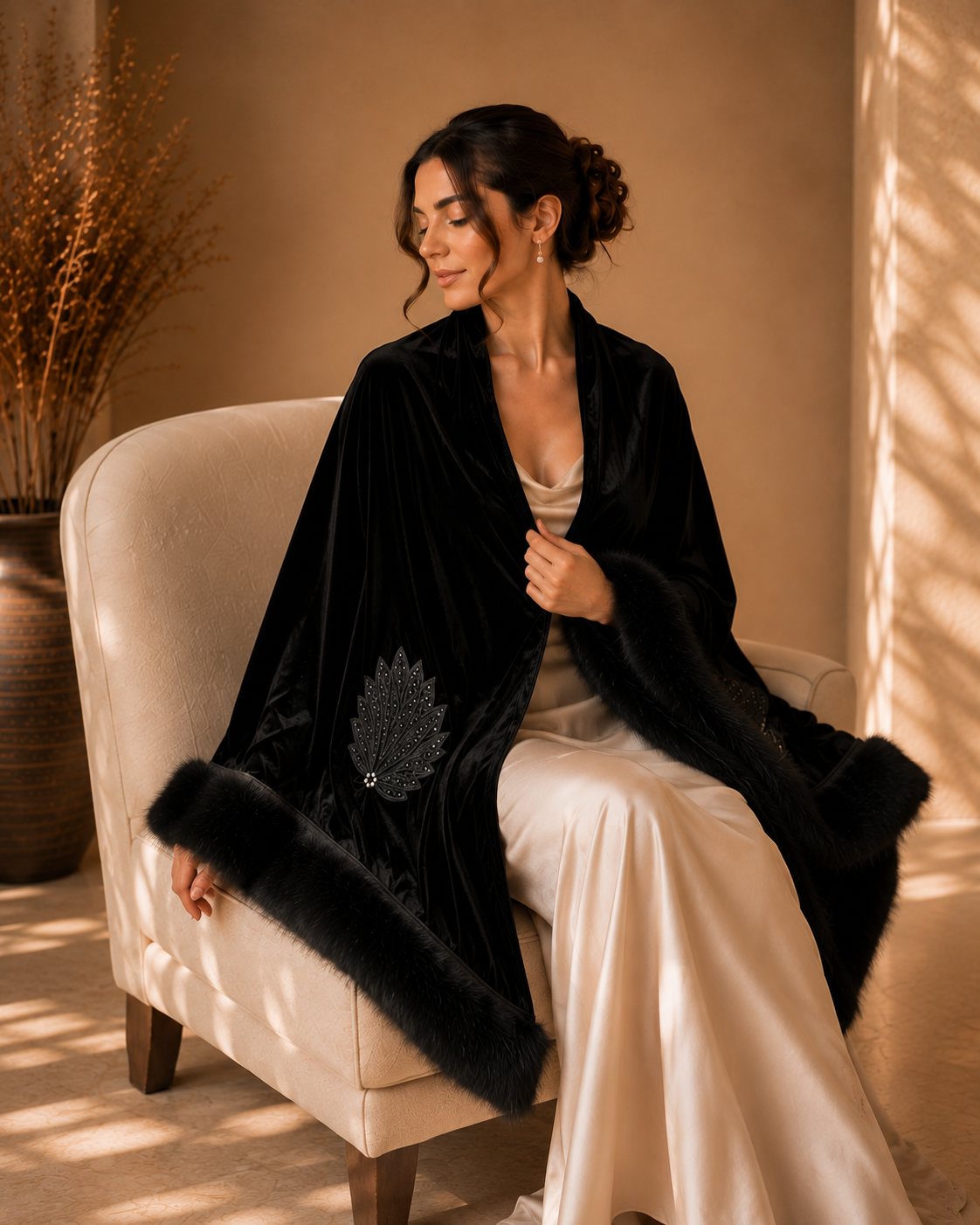 Velvet Evening Crystal Stones Embroidery Shawl with Faux Fur