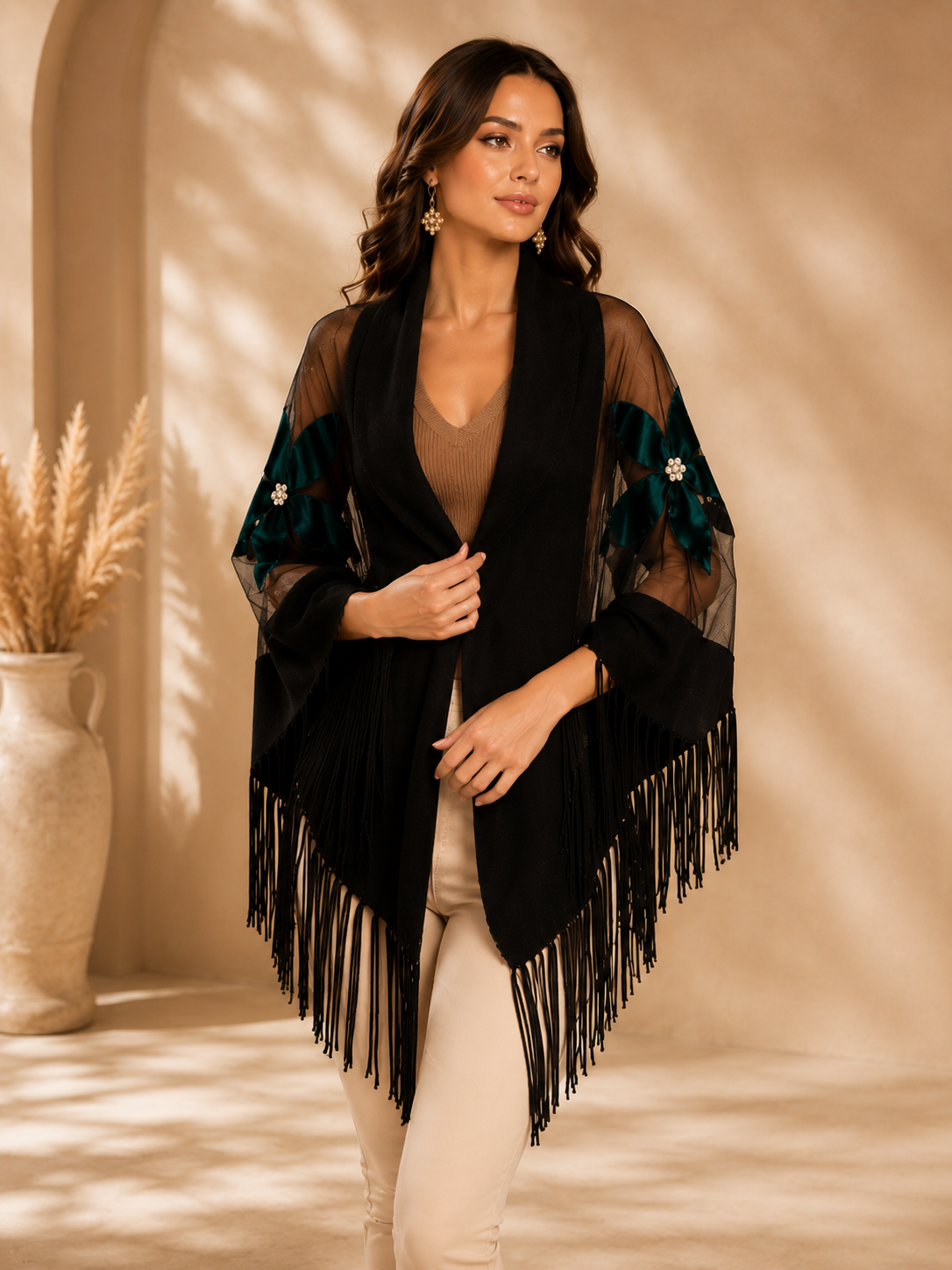 Colorful Velvet Flowers Knit and Tulle Shawl
