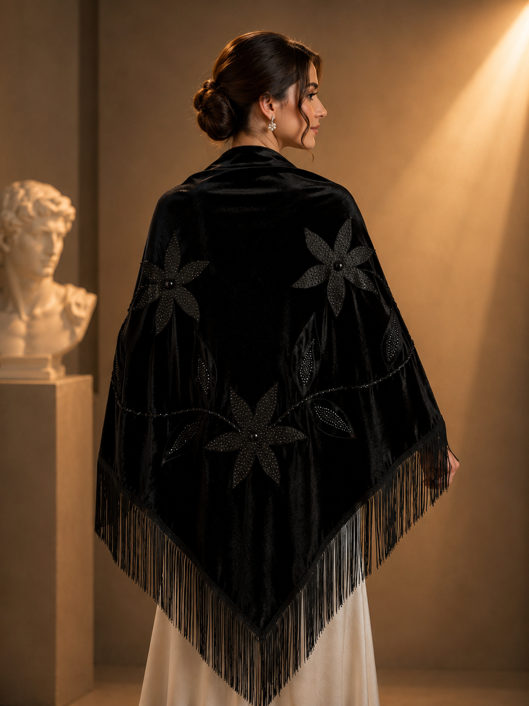 Handmade Embellisment Flower Aplique Velvet Black Shawl