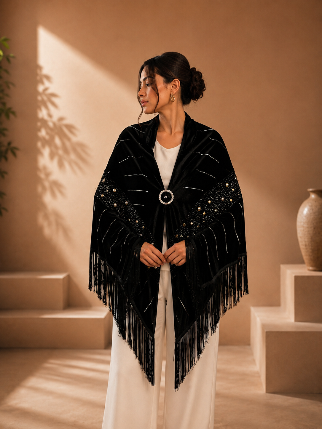Velvet Evening Shawl with Crystal Stones
