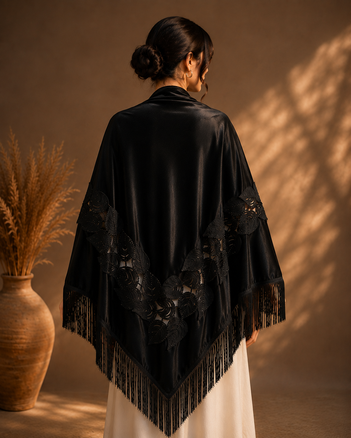 Black Embroidery Velvet Shawl with Fringe