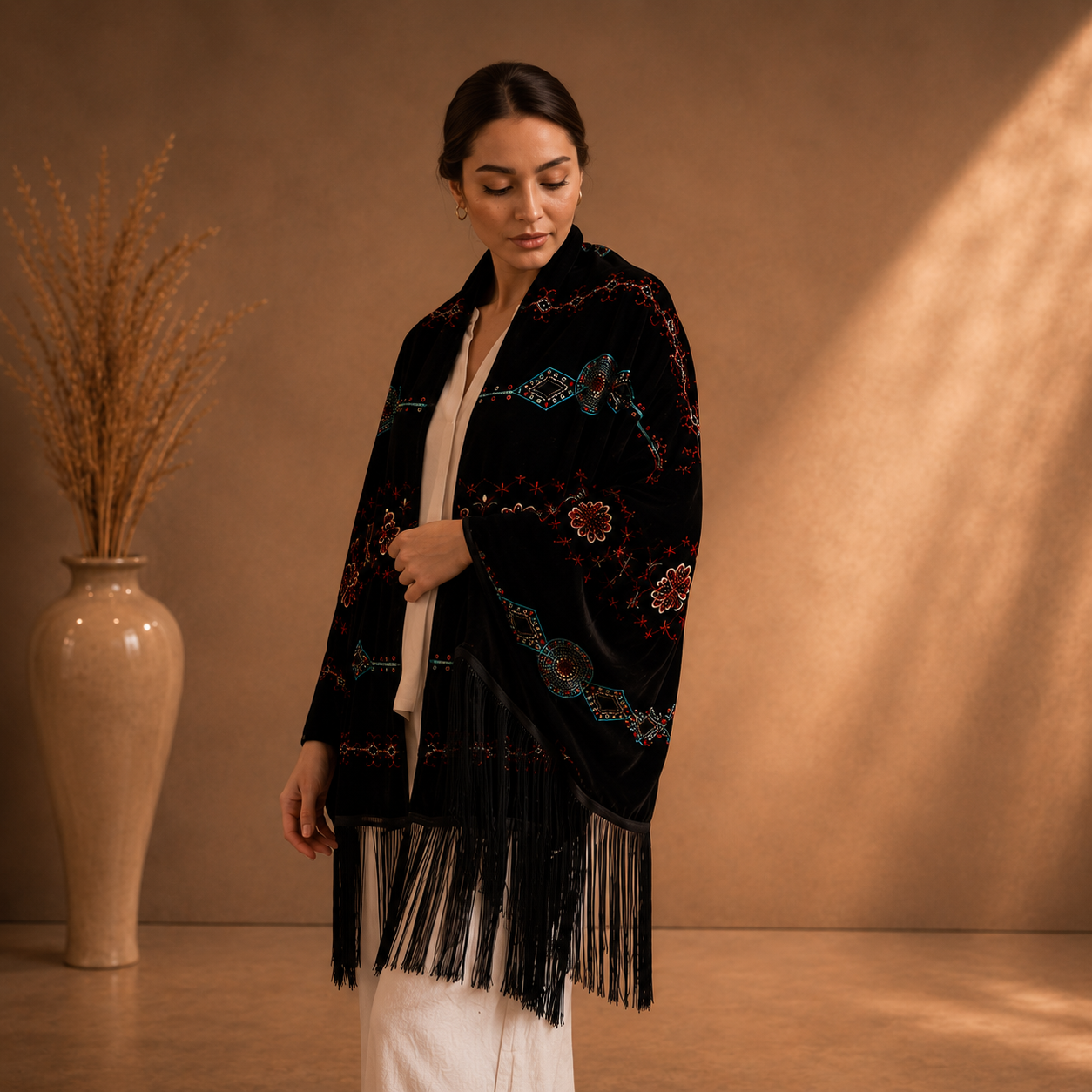 Ethnic Embroidery Black Velvet Shawl