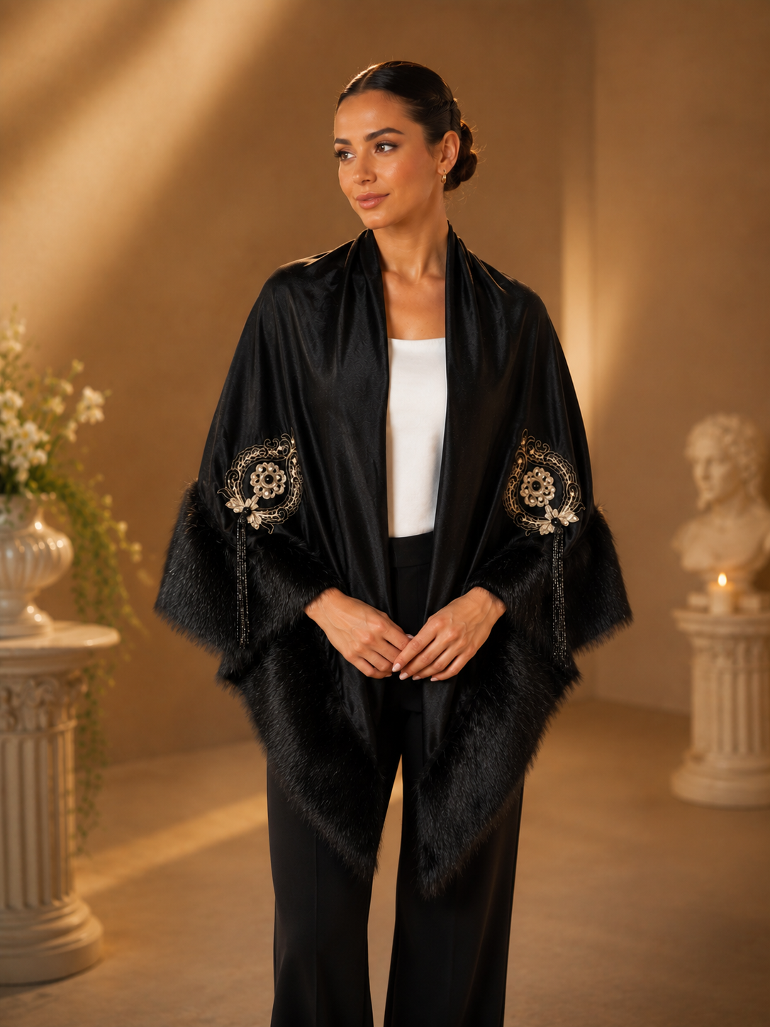 Embroidery Velvet Faux Fur Shawl