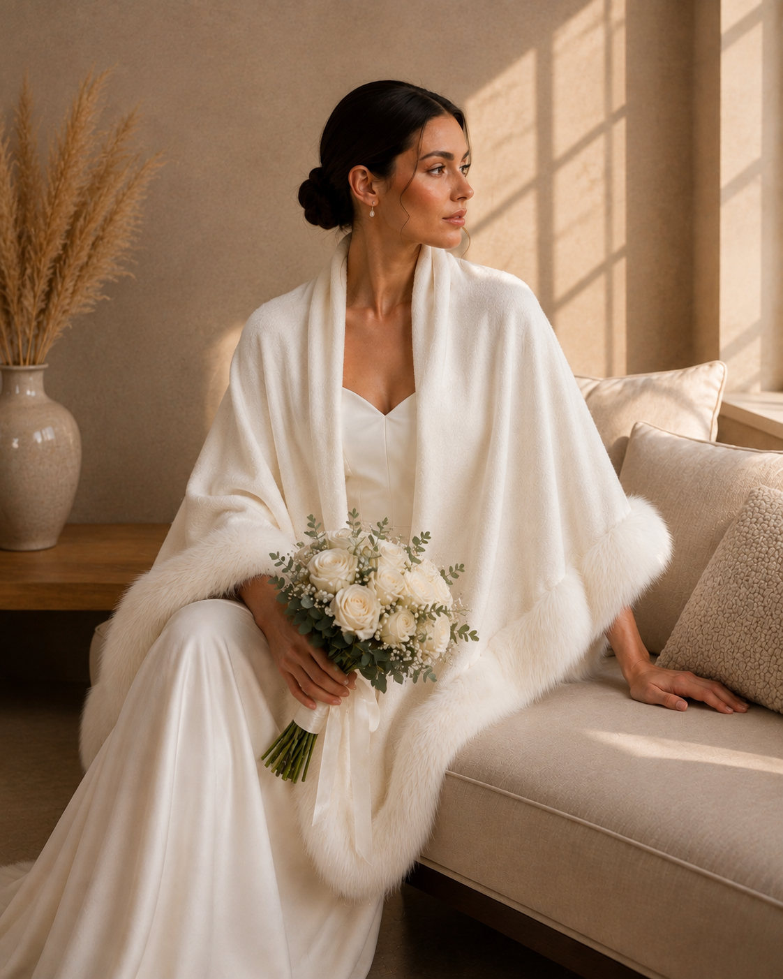 White Plain Wedding Knit Shawl with Faux Fur