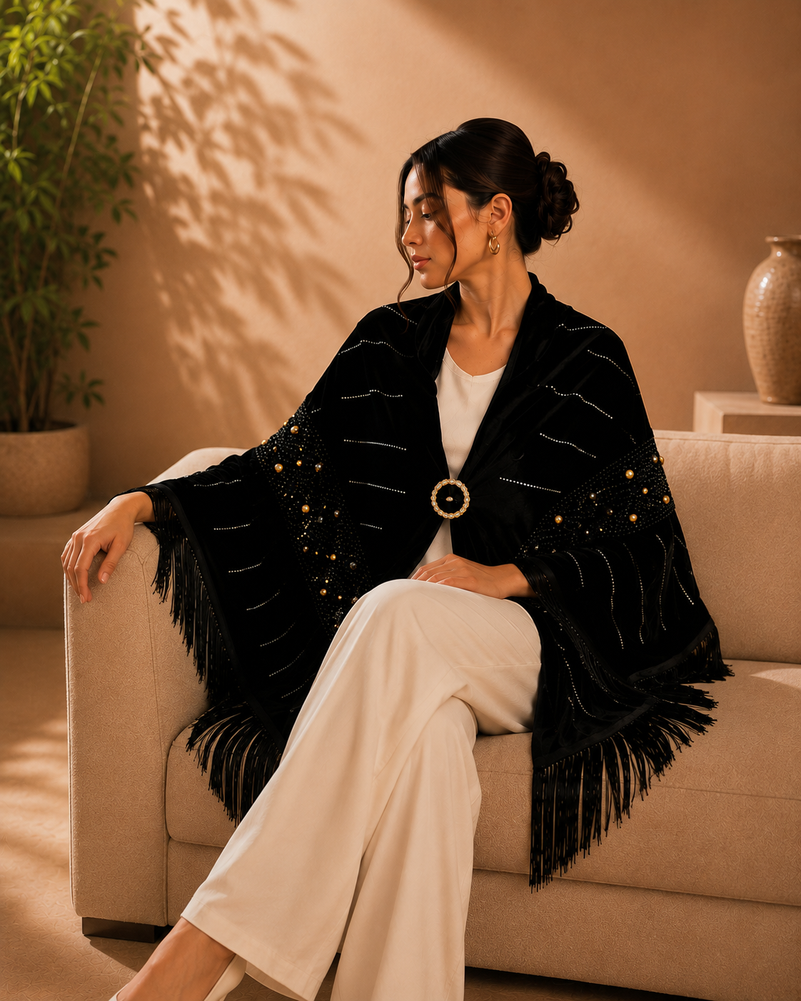 Velvet Evening Shawl with Crystal Stones