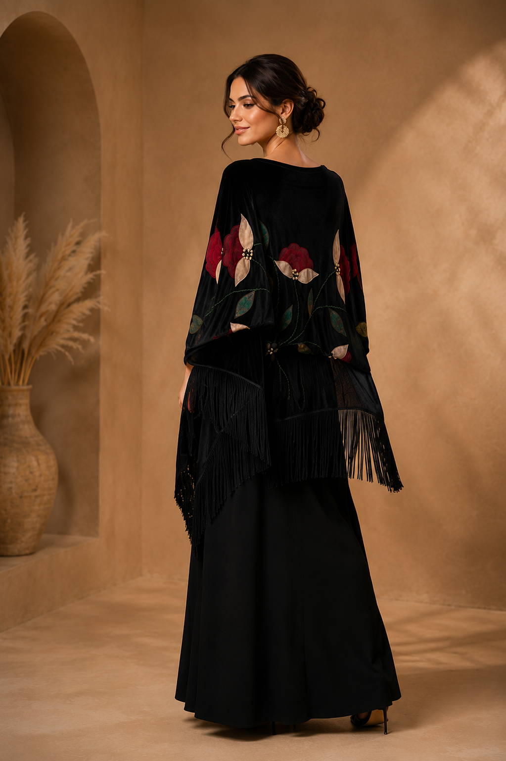 Handmade Embellisment Red Flower Aplique Velvet Black Shawl